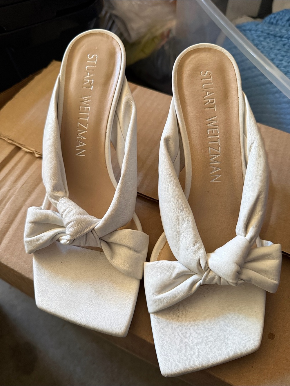 Stuart Weitzman White Knotted Square-Toe Slide Sandals